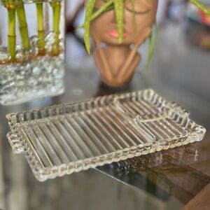 Vintage-Style Ribbed Glass "Snack & Roll" Tray with Integrated Ashtray